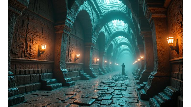 VR puzzle game screenshot, intricate environment